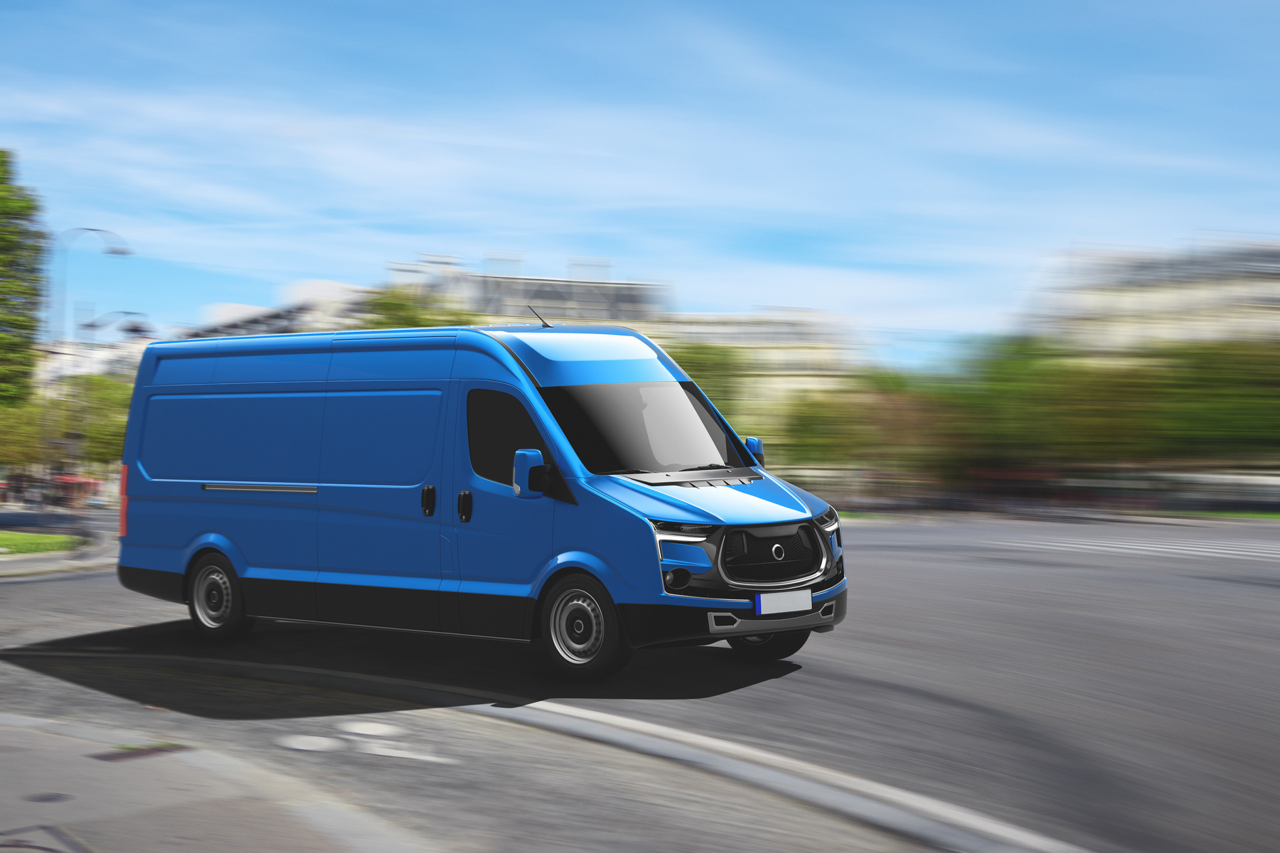 Transportation Service with a Blue Van Moving Fast on the Road